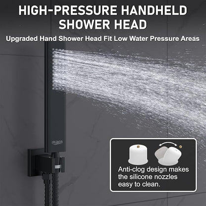 Iriber Shower Set with 12 Inch High Pressure Rain Shower Head and Handheld and Shower Faucet Mixer Valve Modern Shower System Including Pressure Balance Valve Shower Trim Kit for Bathroom,Matte Black