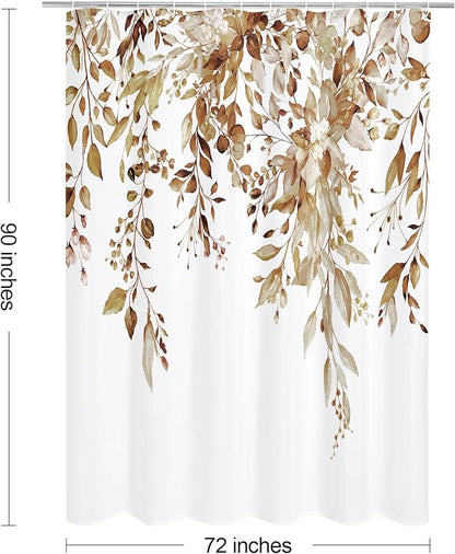 Brown Eucalyptus Shower Curtain, Watercolor Floral Print, 72x90 | Watercolor Plant Leaves Floral Print, Extra Long Waterproof Fabric Bathroom Decor, Machine Washable, Rustproof Grommets