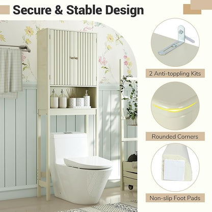 GIANTEX Over The Toilet Storage Cabinet, Bathroom Organizer w/Fluted Doors, Adjustable Shelf&Bottom Bar, Open Storage Cube, Space-Saving Above Toilet Storage Cabinet for Laundry (Cream White)