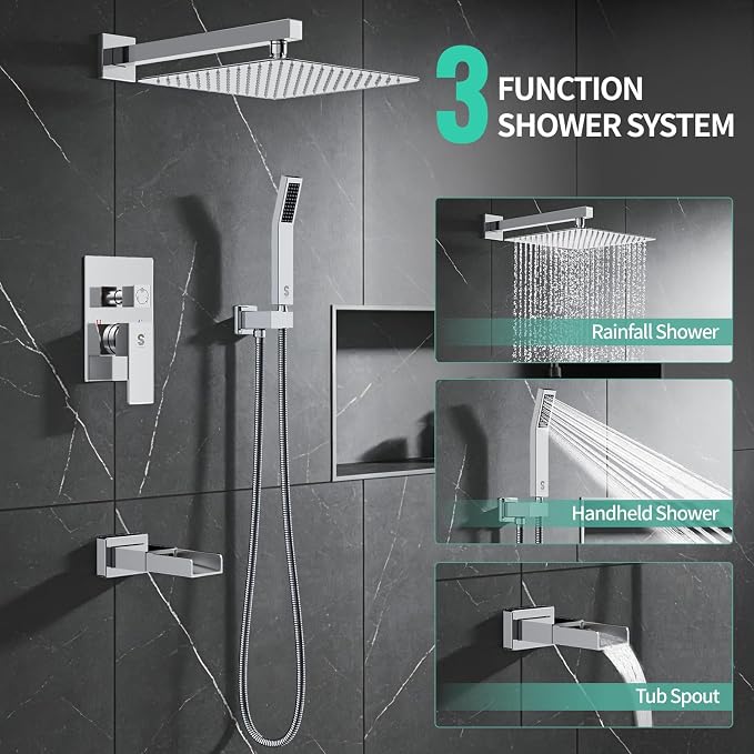 SR SUN RISE 12 Inch All Metal Square Shower System with Tub Spout, Tub Shower Faucet Set, High Pressure Rain Shower Head and Handheld Sprayer Shower Fixtues, Valve Included, Polished Chrome