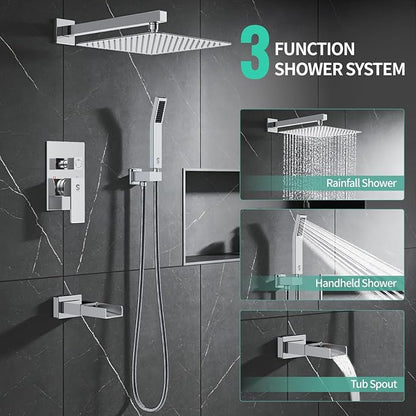 SR SUN RISE 12 Inch All Metal Square Shower System with Tub Spout, Tub Shower Faucet Set, High Pressure Rain Shower Head and Handheld Sprayer Shower Fixtues, Valve Included, Polished Chrome