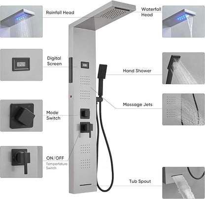 Shower Panel Tower System 5 in 1 Stainless Steel Rainfall Shower Panels with 5-Functions, 4 Enlarged Body Massage Jets, Handheld Head, Wall Mounted Brushed Nickel