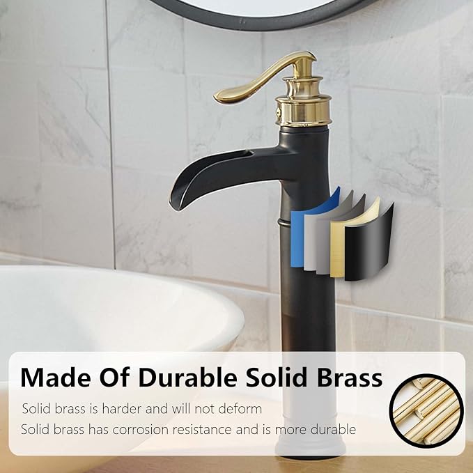 Bathroom Vessel Sink Faucet Waterfall Single Handle Single Hole | Black and Gold,Brass,Pop Up Drain without Overflow,Supply Line,Easy to Clean,Easy Installation,Rust Resistant,Minimalist
