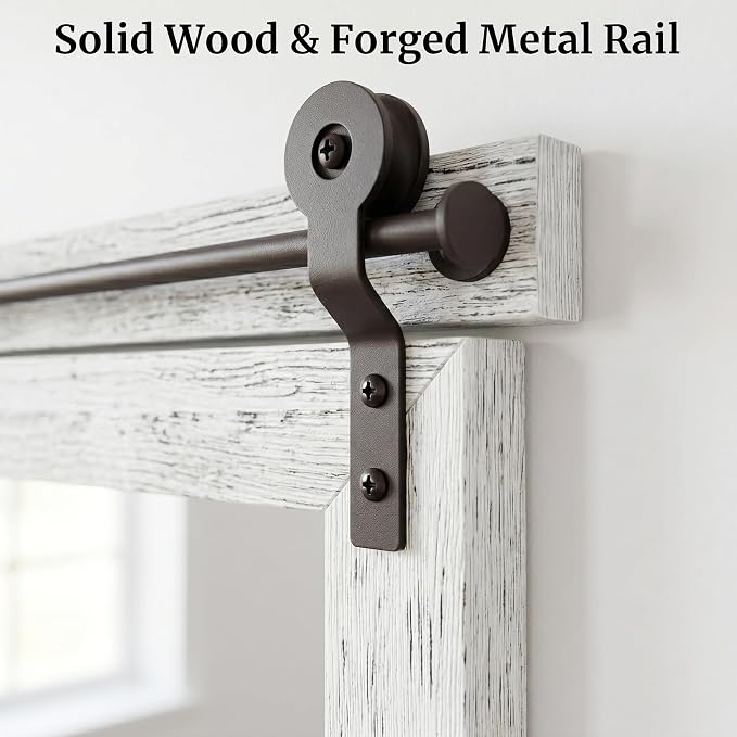 24"x36" Whitewashed Barn Door Vanity Mirror with Wood Header | 100% solid wood, HD tempered glass, bronze-tone iron rail; coastal farmhouse mirror for over sink, guest bath, entryway
