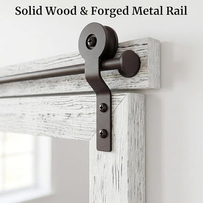 24"x36" Whitewashed Barn Door Vanity Mirror with Wood Header | 100% solid wood, HD tempered glass, bronze-tone iron rail; coastal farmhouse mirror for over sink, guest bath, entryway