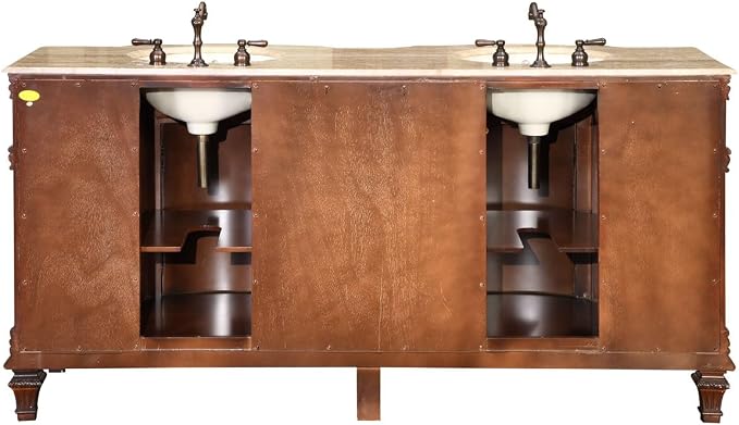 HYP-0722-T-UIC-72 Travertine Stone Top Double Sink Bathroom Vanity with Furniture Bath Cabinet, 72", Medium Wood