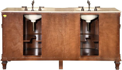 HYP-0722-T-UIC-72 Travertine Stone Top Double Sink Bathroom Vanity with Furniture Bath Cabinet, 72", Medium Wood