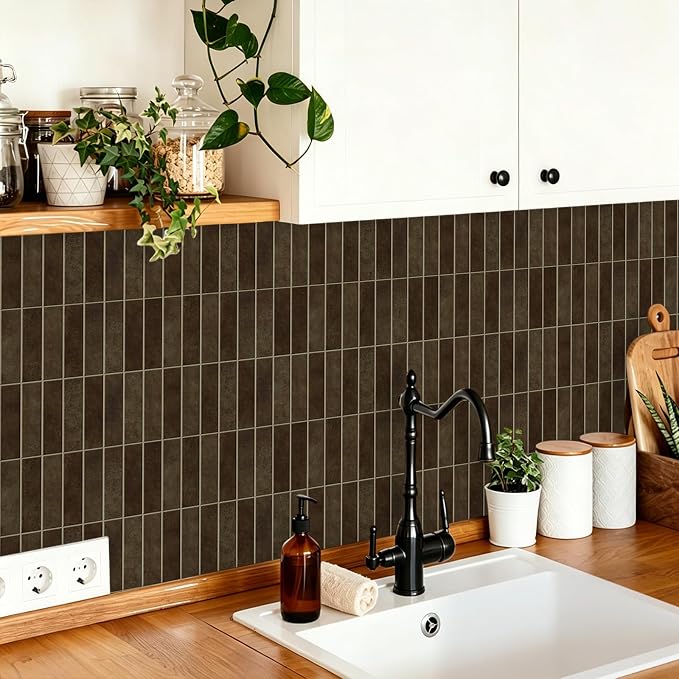 MORCART 10PCS 11.8"x11.8" Peel and Stick Backsplash, Wall Tiles, Dark Brown | 3D Adhesive Waterproof Wall Tiles for Kitchen, Bathroom, Living Room, Laundry Room, Subway Tiles
