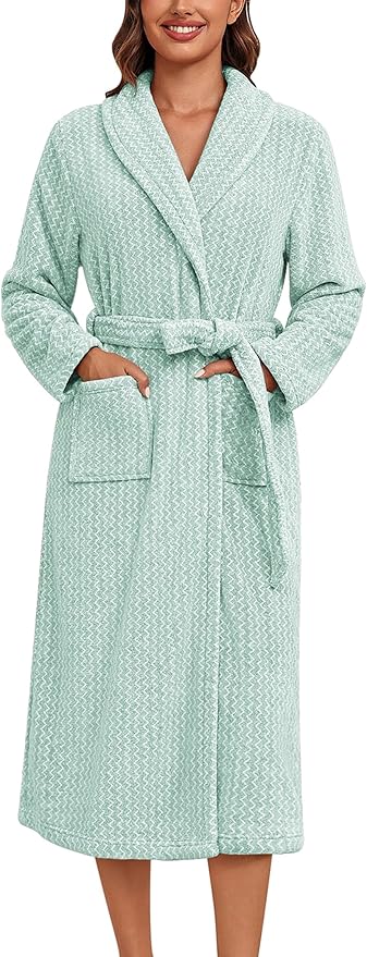 Ekouaer Women's Robe Long Plush Soft Bathrobe Cozy Warm Robes Shawl Collar Sleepwear with Pockets