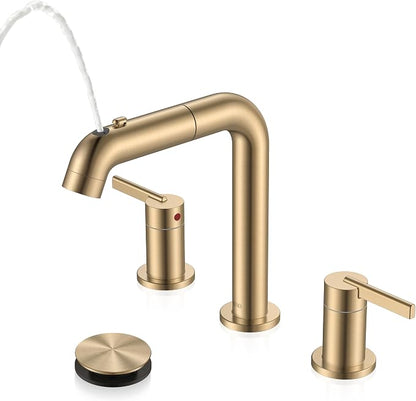 Champagne Bronze Pull Down Widespread Bathroom Faucet 3 Hole 2 Handle | Pull Out Bathroom Faucet with Pop Up Drain & Supply Lines, Lead-Free cUPC & NSF Certified, 8 Inch Faucet for Vanity RV Sink