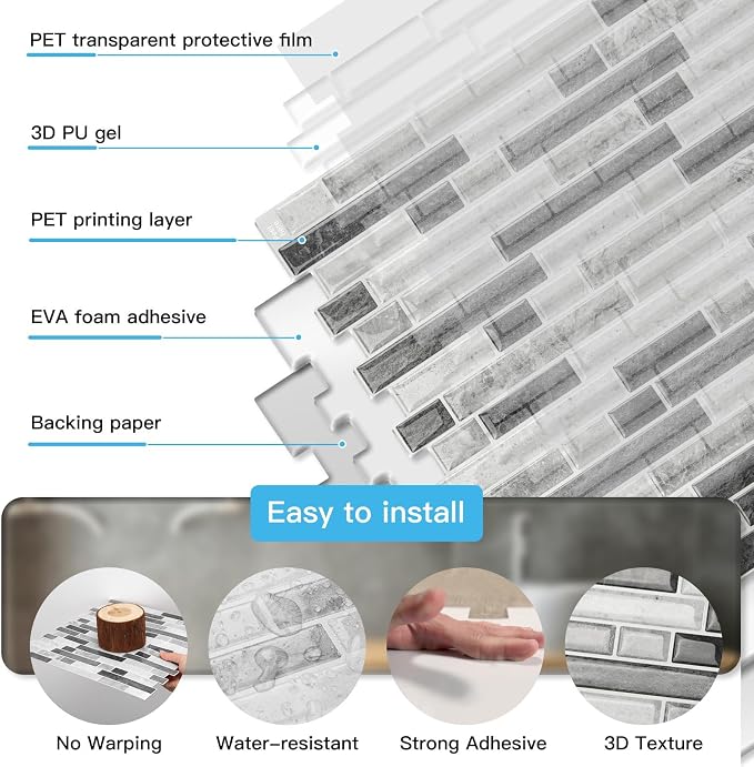 Art3d Linear Tile Peel and Stick Backsplash, 10-Sheet, Multi-Tone Gray | 12 x 12 Inch, Enhanced Thickness, Warp Resistant, Strong Adhesion, Sturdy, for Kitchen, Bedroom, Ideal for Home Improvement