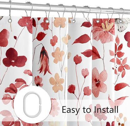 Red Floral Shower Curtain, Cute Flower Fabric Shower Curtains for Bathroom, Watercolor Wildflower Butterfly Cloth Shower Curtain Set with Hooks, 72x72