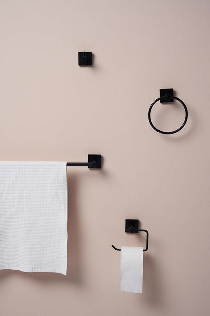 SENTO VINTO Bathroom Accessories Set, Heavy Duty Metal Bath Hardware Set Wall Mounted, Includes Robe Hook, Standard Toilet Paper Holder, Towel Ring, 24” Towel Bar (4-Piece, Matte Black)