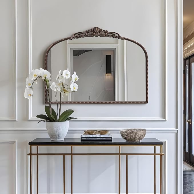 Micasso Vintage Bronze Arched Mirror: 32"x24" Baroque Antique Vanity Mirror | Traditional Ornate French Decorative Wall Mirror for Bedroom/Bathroom/Entryway/Hallway/Dresser/Mantel/Nightstand/Over Sink