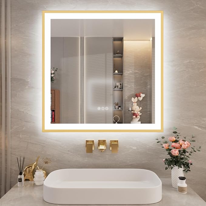36x36 Inch LED Mirror for Bathroom with Gold Frame | Gold Metal Frame, Front and Backlit, 3 Colors, Dimmable, Memory, Anti Fog, Tempered Glass, Lighted Mirror for Wall