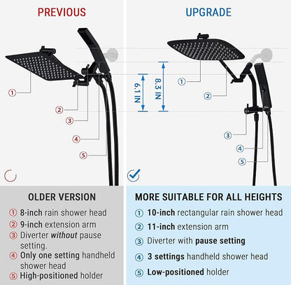 G-Promise 10 Inch All Metal Rain Shower Head with Handheld (Matte Black) | Suits Every Height, Pause Mode Diverter, Massage Mode Handheld, Full Body Coverage, Easy to Install, Modern Bath Upgrade