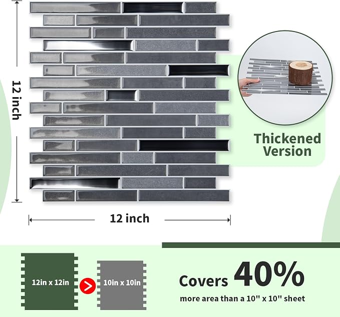 LONGKING 10-Sheet Extra Thick Peel and Stick Backsplash Tiles, Waterproof Kitchen Backsplash Peel and Stick Tile, Self-Adhesive Backsplash for Kitchen, Dark Gray | Peel and stick backsplash, self-adhesive wall tile, Gray, extra thick, waterproof, kitch...