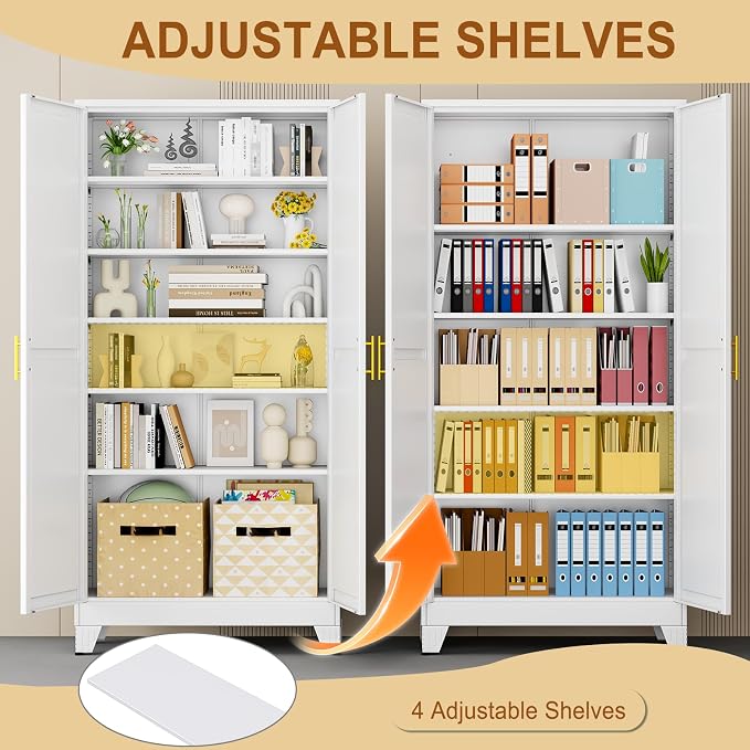 75" White Tall Metal Storage Cabinet with 2 Doors and 5 Adjustable Shelves,Steel Garage Tool Cabinet, File Cabinet,Kitchen Pantry Cabinet for Home,Office,Garage,School,Warehouse