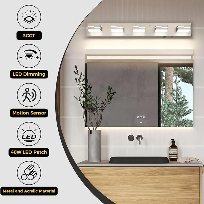 LED Modern Bathroom Vanity Light 5-Light, 32 inch 3CCT Dimmable Nickel Vanity Lights for Bathroom Lighting Fixtures Over Mirror, Wireless Motion Sensor Bathroom Vanity Light