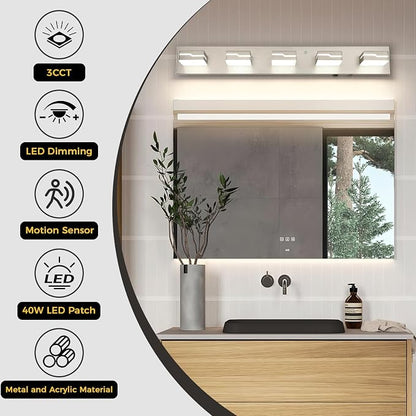 LED Modern Bathroom Vanity Light 5-Light, 32 inch 3CCT Dimmable Nickel Vanity Lights for Bathroom Lighting Fixtures Over Mirror, Wireless Motion Sensor Bathroom Vanity Light