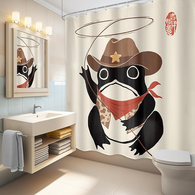 LGhtyro Funny Cowboy Frog Shower Curtain Bathroom Set 71Wx71H Inches Retro Western Rodeo Animal Cute Hat Asian Traditional Japanese Art Bath Accessories Black Beige Art Home Decor Fabric 12 Pack Hooks