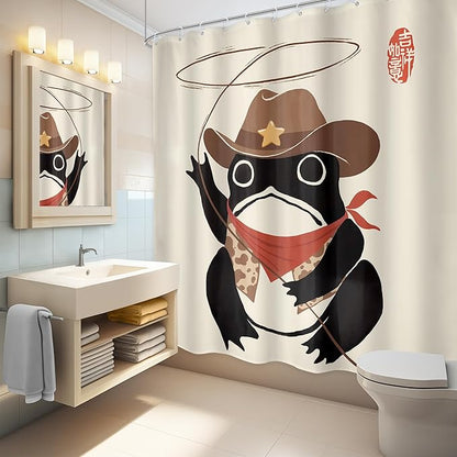 LGhtyro Funny Cowboy Frog Shower Curtain Bathroom Set 71Wx71H Inches Retro Western Rodeo Animal Cute Hat Asian Traditional Japanese Art Bath Accessories Black Beige Art Home Decor Fabric 12 Pack Hooks