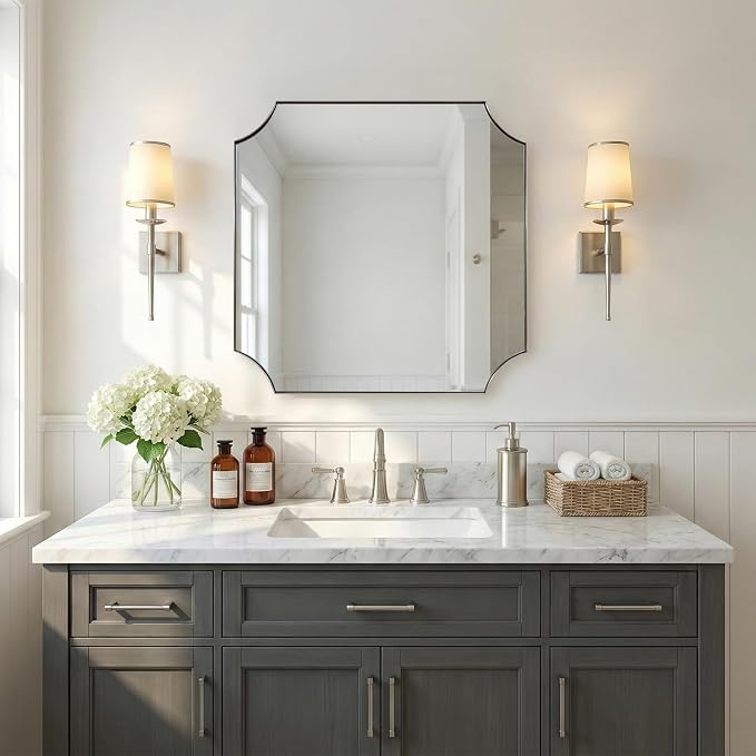 30"x30" Brushed Nickel Mirror, Square Bathroom Mirror for Over Sink, Silver Vanity Mirror in Anti-Rust Stainless Steel Frame, Aesthetic Scalloped Corner Design, Ideal for Home Remodel