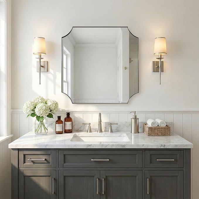 30"x30" Chrome Bathroom Mirror, Square Vanity Mirror, Scalloped Wall Mirror in Rustproof Stainless Steel Thin Frame, Aesthetic Scalloped Corner Design, Ideal for Bathroom Remodel