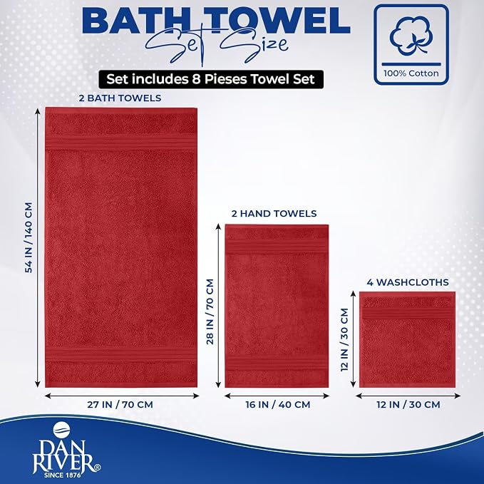 DAN RIVER 8 Piece Luxury Bath Towels for Bathroom, Towel Set, Red | 2 Bath towels, 2 Hand towels, and 4 Wash Cloths, 600 GSM 100% Ring Spun Cotton, Highly Absorbent, Gym, Hotel, guest, and Spa