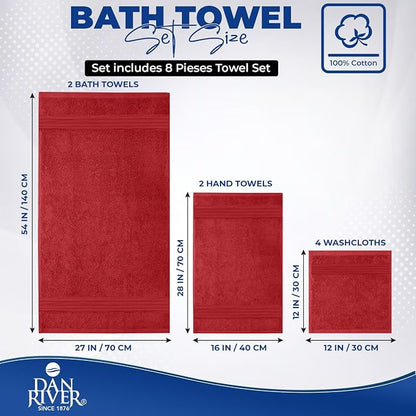DAN RIVER 8 Piece Luxury Bath Towels for Bathroom, Towel Set, Red | 2 Bath towels, 2 Hand towels, and 4 Wash Cloths, 600 GSM 100% Ring Spun Cotton, Highly Absorbent, Gym, Hotel, guest, and Spa