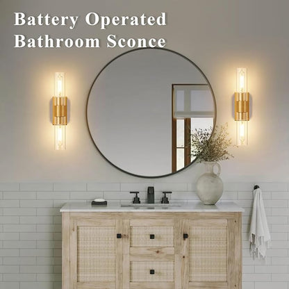 Gold Battery Operated Wall Sconce Set of 2 with Remote Control, 12000mAh Rechargeable Wall Lights, Wireless Dimmable Wall Lamps for Bedroom Living Room Bathroom Hallway Entryway Stairwell