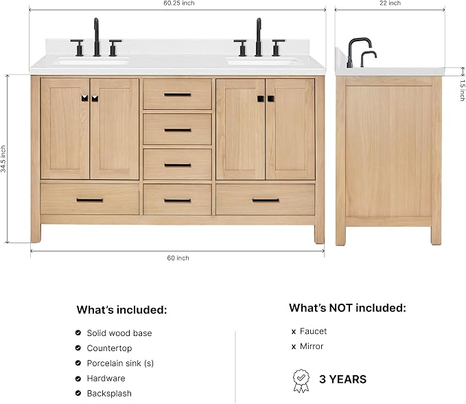 ARIEL Cambridge 60-inch Bathroom Vanity with Sink,Solid Wood, 1.5-inch Carrara White Quartz Countertop, Double Rectangular Porcelain Sink, 4 Soft Closing Doors, 6 Dovetail Drawers, White Oak