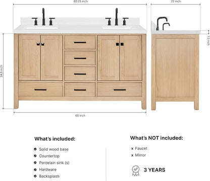 ARIEL Cambridge 60-inch Bathroom Vanity with Sink,Solid Wood, 1.5-inch Carrara White Quartz Countertop, Double Rectangular Porcelain Sink, 4 Soft Closing Doors, 6 Dovetail Drawers, White Oak