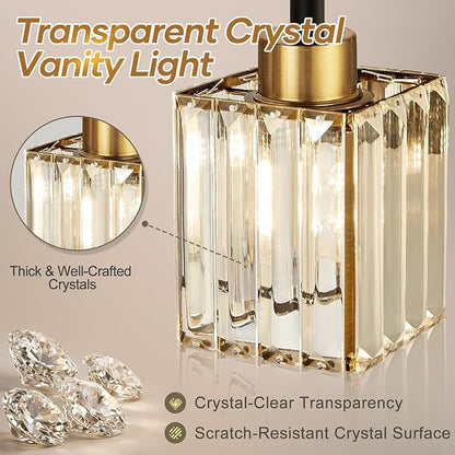 Torondo Modern Crystal 3-Light Vanity Lights for Bathroom Gold Bathroom Lights Over Mirror Black and Gold Vanity Lighting Fixtures Square Shade Brass Wall Sconce (Bulbs Not Include)
