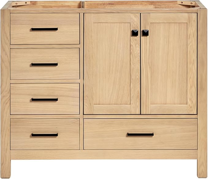 ARIEL Cambridge 42-inch Bathroom Vanity Base Cabinet,Solid Wood, 2 Soft Closing Doors, 5 Dovetail Drawers, White Oak