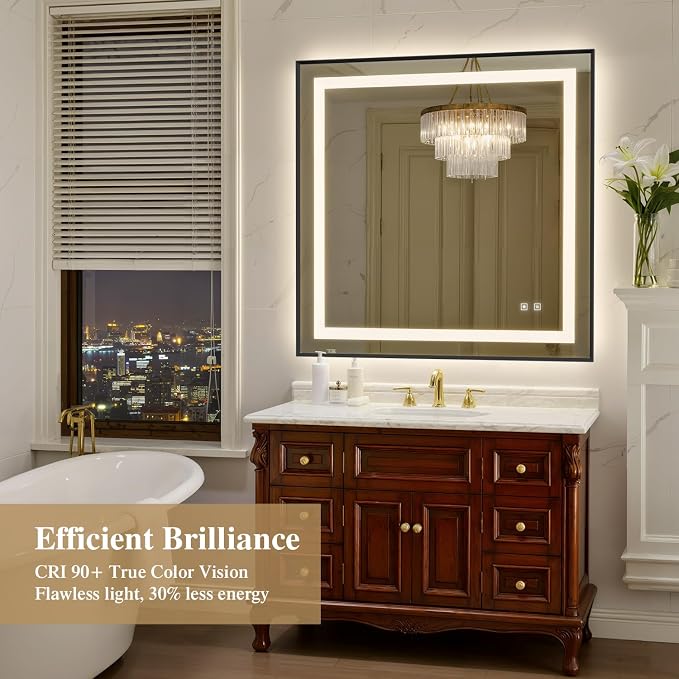 36X36 Inch LED Bathroom Mirror with Lights, Black Frame Frontlit+ Backlit Bathroom Vanity Mirror for Wall, Ultra-Clear Tempered Glass, Shatter-Proof, Anti-Fog and Memory Function, ETL Listed | Bathroom Vanity Mirror for Wall, Ultra-Clear Tempered Glass...