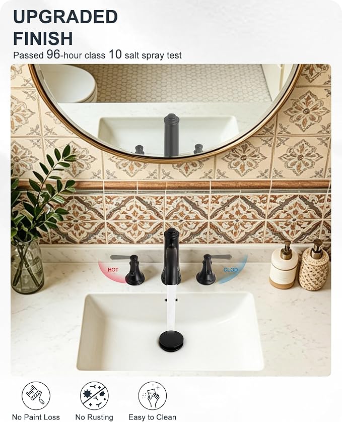 Bathroom Sink Faucet 3 Hole, Black Bathroom Faucet 8 Inch 2 Handles | Lead-Free Brass, Widespread Style, Pop-Up Drain, Pre-installed cUPC Water Hose, 10 Mins Install, For Lavatory Vanity Restroom