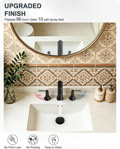 Bathroom Sink Faucet 3 Hole, Black Bathroom Faucet 8 Inch 2 Handles | Lead-Free Brass, Widespread Style, Pop-Up Drain, Pre-installed cUPC Water Hose, 10 Mins Install, For Lavatory Vanity Restroom