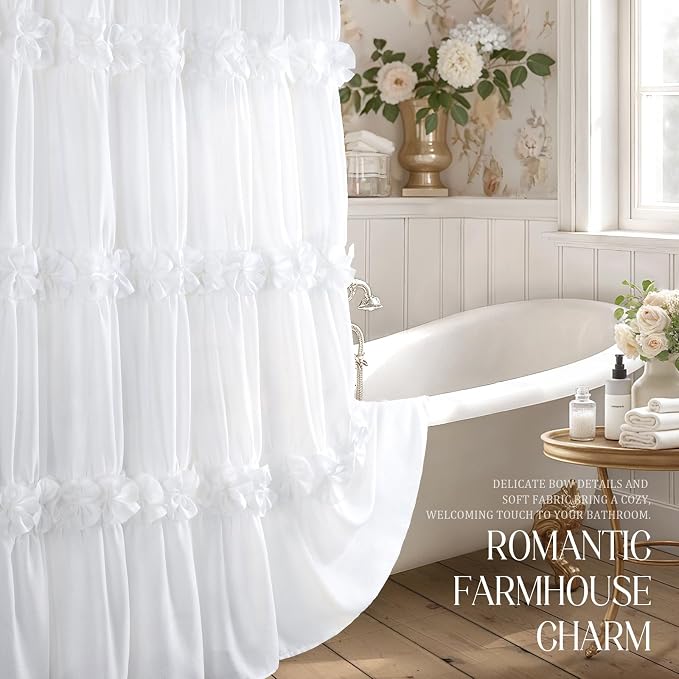 Cute White Ruffle Shower Curtain Vintage Farmhouse Linen 72" W x 72" H | Linen Blend Fabric, Ruffle Bow and Ruffled Hem，Linen Texture，Machine Washable，12 Metal Holes and Plastic Hooks