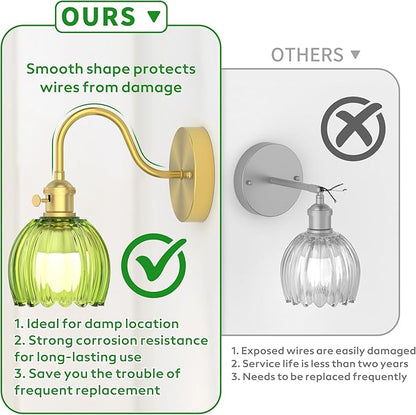 Wall Sconces Lights Lamp for Bedroom Bathroom, Modern Vanity Light Fixtures, Wall Mount Lighting Vintage Tulip Green Glass Shade for Living Room Mirror Hallway Kitchen