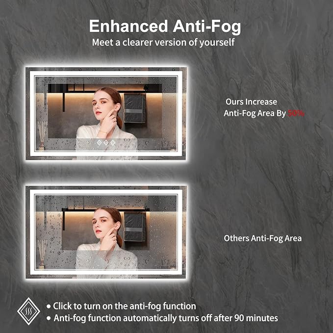 LED Vanity Mirror, 48x30 Inch Gradient Front and Backlit LED Mirror for Bathroom, 3 Colors Dimmable CRI>90 Double Lights, IP54 Enhanced Anti-Fog, Hanging Plates Wall Mount Lighted Mirror