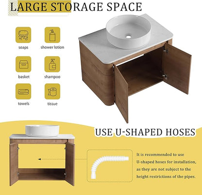 LKTART 30 Inch Floating Bathroom Vanity with Sink, Modern Wall Mounted Bathroom with Soft Close Door, White Round Ceramic Basin and Sintered Stone Top