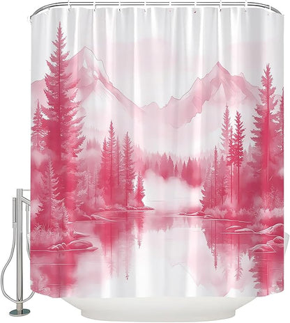 Pink Misty Forest Shower Curtain Mountain Foggy Pine Trees Landscape Watercolor Jungle Plant Rustic Nature Scenery Lake Fabric Bathroom Curtain Set with Hook