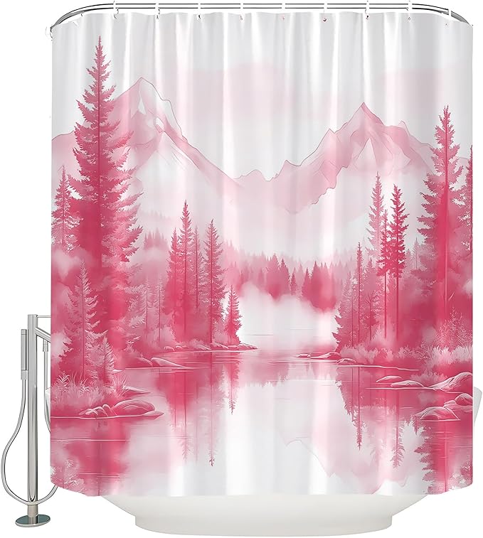 Pink Misty Forest Shower Curtain Mountain Foggy Pine Trees Landscape Watercolor Jungle Plant Rustic Nature Scenery Lake Fabric Bathroom Curtain Set with Hook