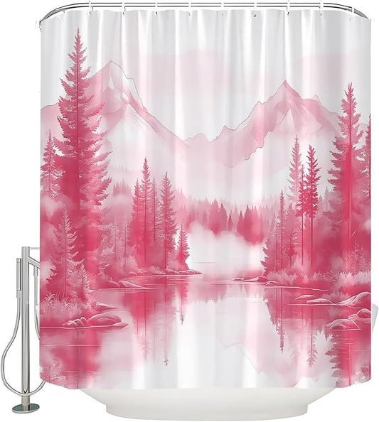 Pink Misty Forest Shower Curtain Mountain Foggy Pine Trees Landscape Watercolor Jungle Plant Rustic Nature Scenery Lake Fabric Bathroom Curtain Set with Hook