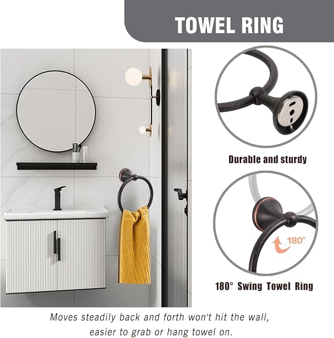 Classic Bathroom Hardware 4-piece Set,Oil-Rubbed Bronze | Wall Mounted,Stainless Steel and Zinc material,Including Towel Bar,Towel Ring,Toilet Paper Holder,Robe Hook
