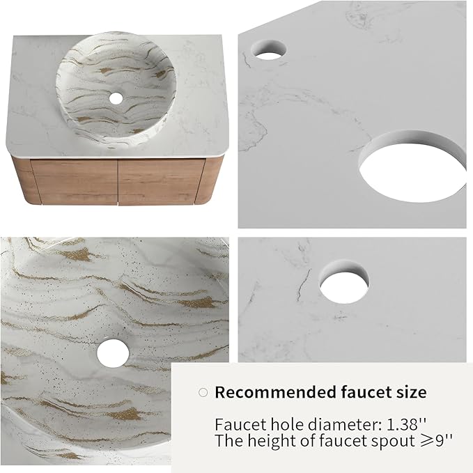 LKTART 30 Inch Floating Bathroom Vanity with Sink, Modern Wall Mounted Bathroom with Soft Close Door, White Stone Round Ceramic Basin and Sintered Stone Top