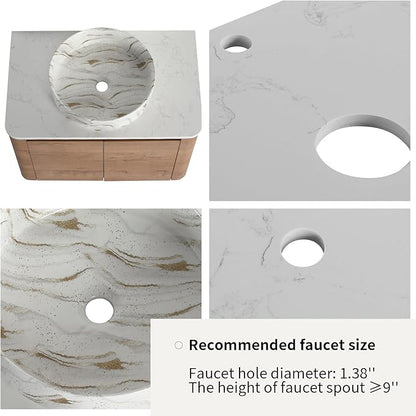LKTART 30 Inch Floating Bathroom Vanity with Sink, Modern Wall Mounted Bathroom with Soft Close Door, White Stone Round Ceramic Basin and Sintered Stone Top