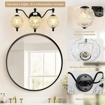 Matte Black Bathroom Vanity Light, 3-Light Mid Century Farmhouse Wall Sconce with Globe Glass Shades, Retro Mirror Light for Bathroom, Powder Room