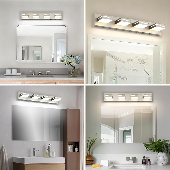LED Modern Bathroom Vanity Light 4-Light with Motion Sensor Light, 25.5 inch 3CCT Dimmable Nickel Vanity Lights for Bathroom Lighting Fixtures Over Mirror, with 350° Rotatable Acrylic Heads